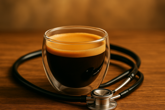 Vaso café espresso y estetoscopio.