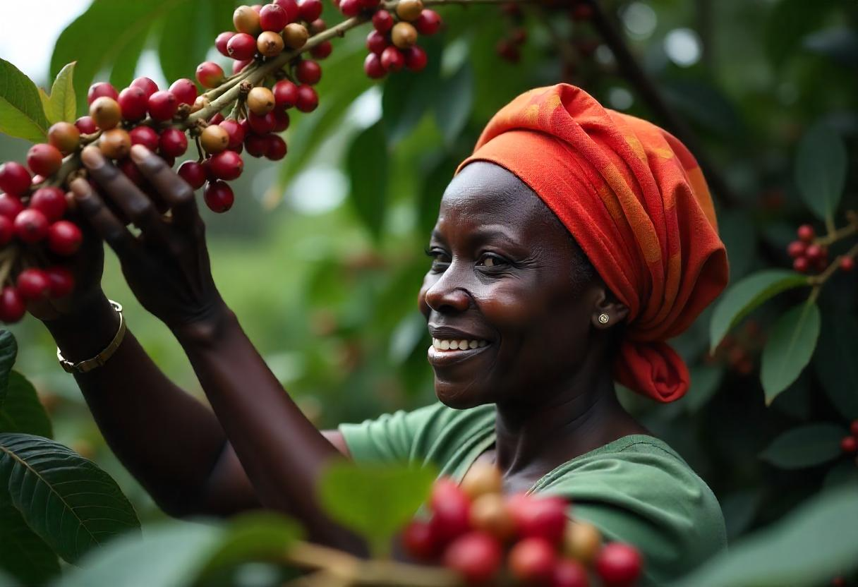 Mujer sosteniendo una rama con cerezas de café maduras en una plantación, sonriendo mientras trabaja en el campo.