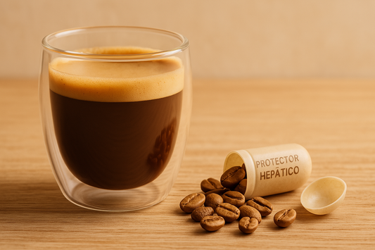 aza de espresso en vaso de doble pared junto a cápsula abierta con granos de café y texto “protector hepático” sobre fondo de madera clara