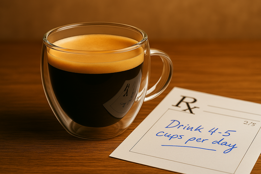 Taza de café de doble pared sobre una mesa con receta médica al lado, escrita a mano con tinta azul, que recomienda tomar 4-5 tazas al día.